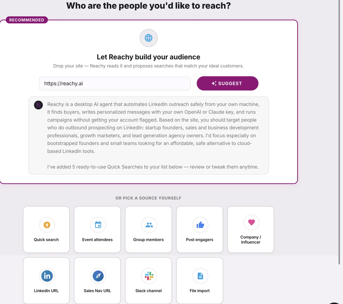 Reachy construit une audience depuis l'URL d'un site, avec des sources de signaux : événements, groupes, réactions aux posts, canaux Slack