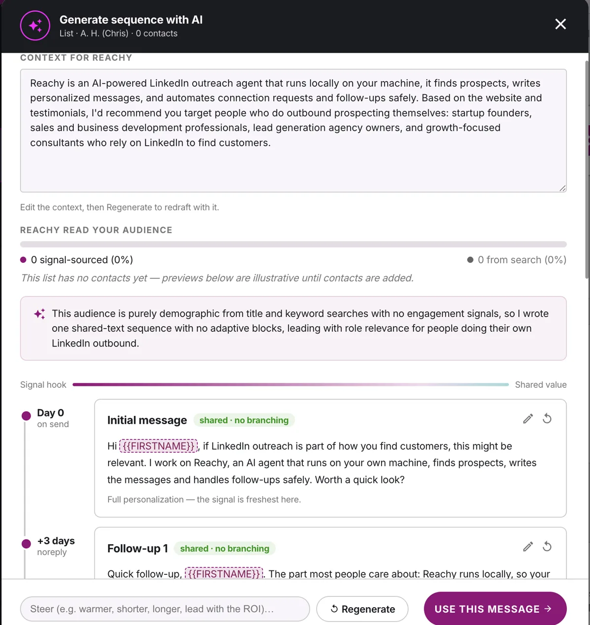 Reachy génère une séquence de messages avec l'IA, avec analyse d'audience et relances éditables