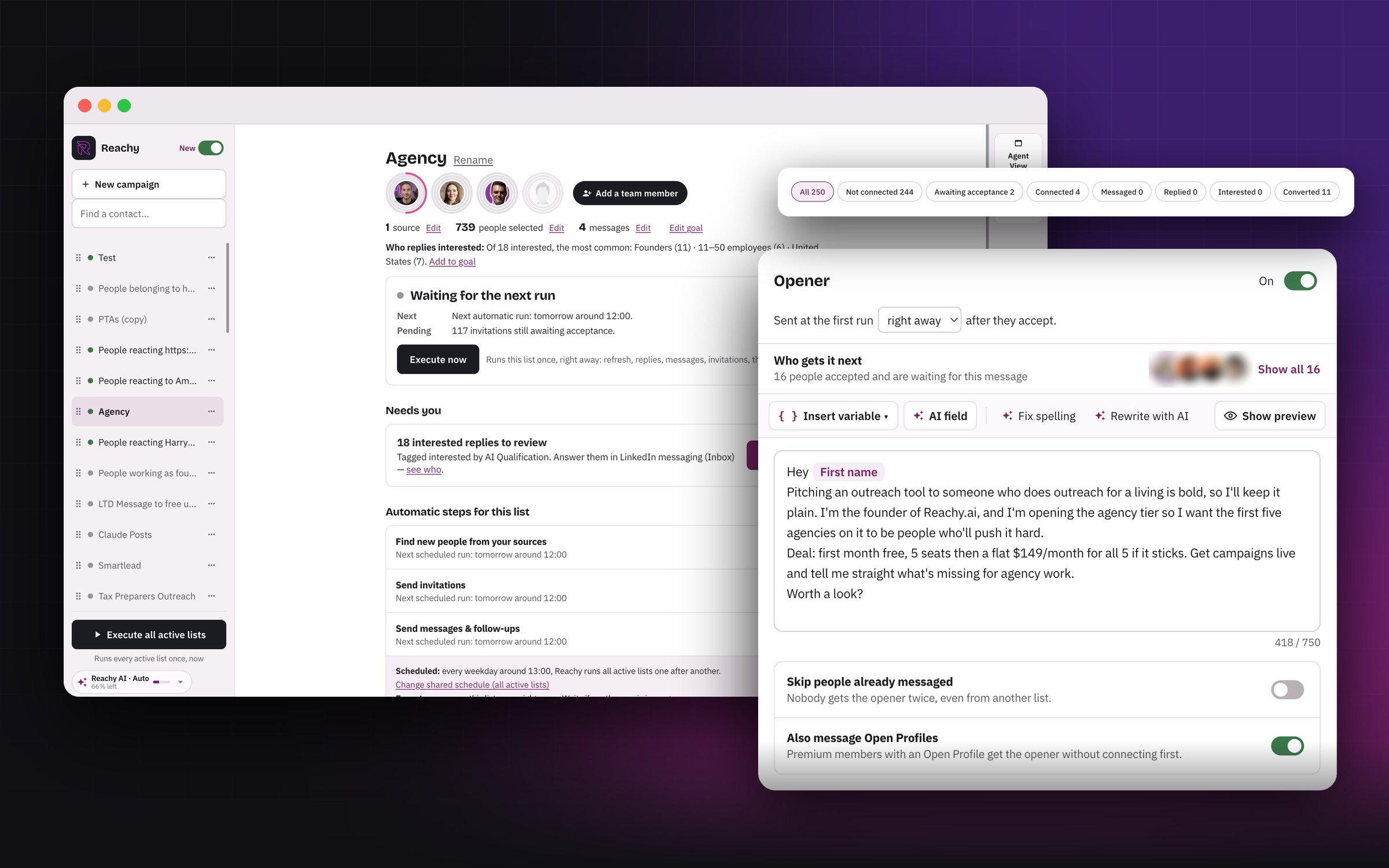 Reachy's new interface: a campaign dashboard with its people filters and an AI-written opener
